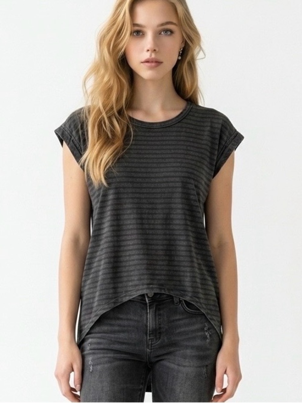 All Saints Charcoal Stripe Cap-Sleeve Tee
